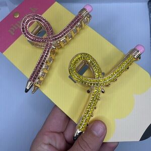 Piper K Pink and Yellow Pencil Rhinestone Hair Claw Clips Set of 2 NWT